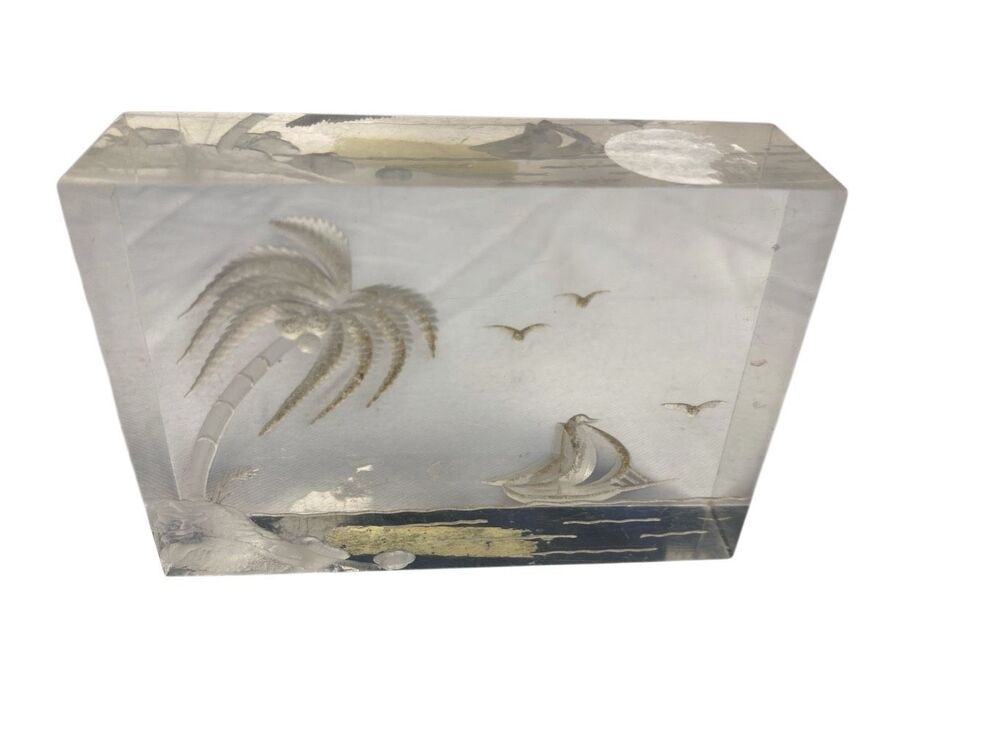 Vintage Lucite Acrylic Paperweight Tropical Sailboat Palm Tree Beach Ocean Decor